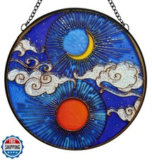 Stained Glass Window Hanging Sun Moon and Cloud Suncatcher - Hand