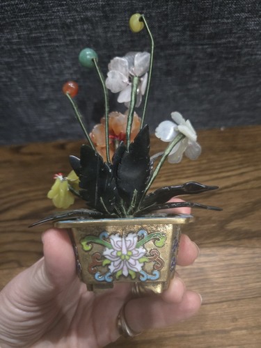 Antiker blühender Baum aus Jade Bernstein Quarz in Bronze Cloisonne Übertopf  - Bild 2 von 6