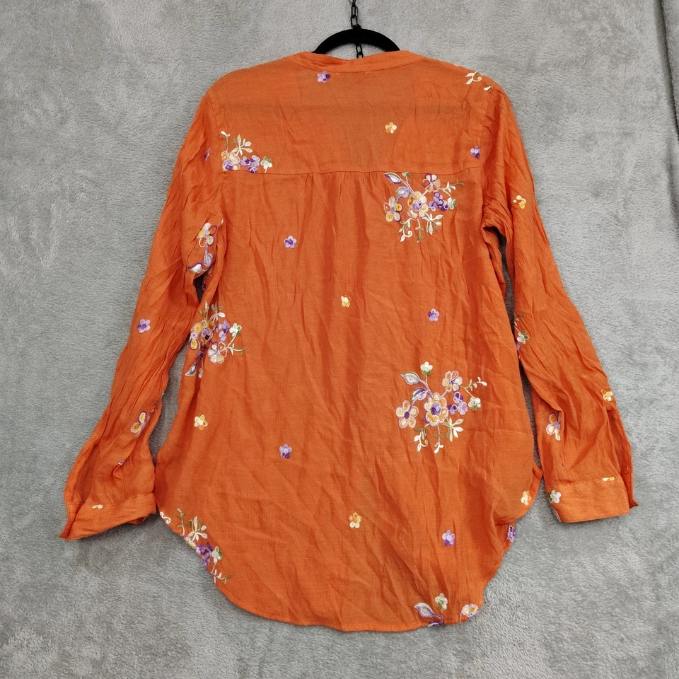 Fig & Flower Anthropologie Embroidered Top XL Orange Boho Blouse Gauzy Relaxed - Image 2 of 4