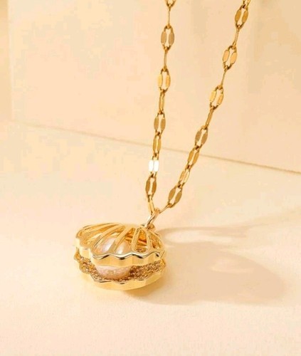 Ladies Oyster Necklace With Pearl HQ Gold Stainless Steel Stunning Jewellery NEW - Picture 3 of 10
