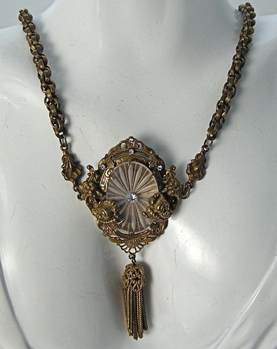 Art Deco Messing Quaste Floral Repousse Halskette Tschechisch Kampfer Glas & Strass - Bild 9 von 10