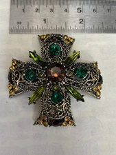 Vintage Emmons Maltese Cross Brooch Gold Tone Filigree Red & Green Rhinestones