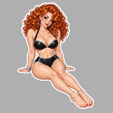 Pinup Girl Sticker Vinyl Decal Redhead Curly Hair Black Bikini Barefoot Freckles