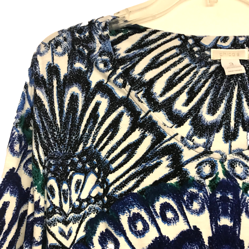 Chicos Size 3 Blue Green Abstract Scoop Neck 3/4 Sleeve Tee XL Stretch - Picture 2 of 7