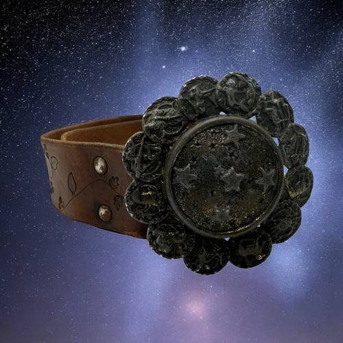 Hebilla de cinturón de cuero celeste signo zodiacal astrológico vintage años 70 para mujer 24-28 - Imagen 1 de 11