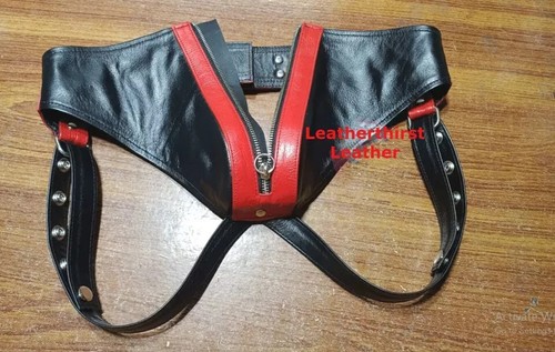 A pair of 2 Men's Zipped Black & Red Briefs| Real Sheepskin Leather Underwear 30 - Picture 2 of 3