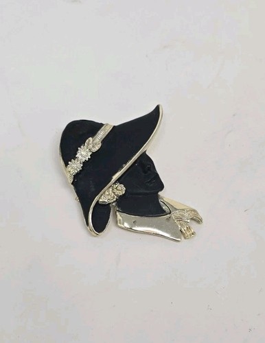 Vintage Torino Dame Kopf im Hut Brosche schwarz Emaille goldfarben - Bild 3 von 7