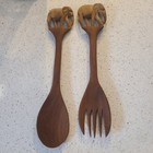 Wooden Serving Utensil Set Salad Tongs Fork Spoon Elephant Handle Handcarved