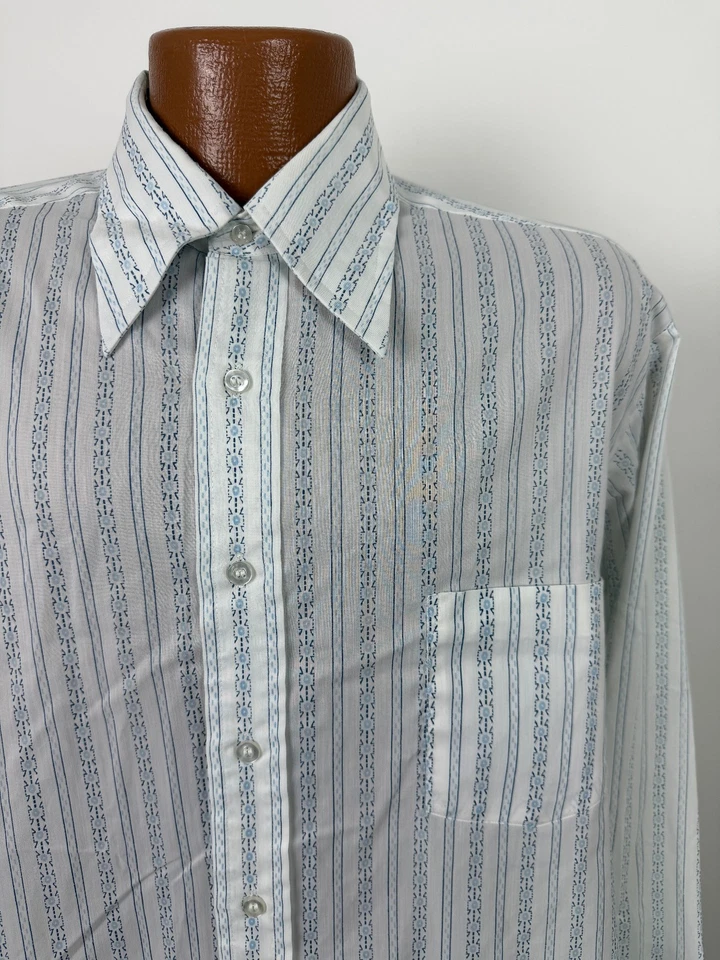 Vintage 70s Floral Striped Shirt Men Medium Disco Dagger Collar Poly Blend Sears - Image 3 of 4