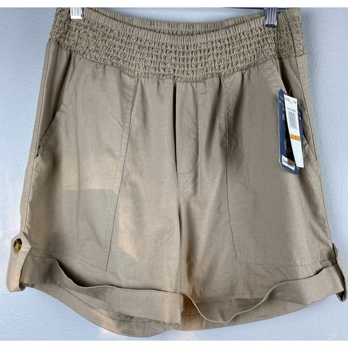 NWT Democracy Sz S Tan Hirise Cuff Tab Shirred Waist Back Pckts Linen Blnd Short