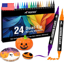 24 Colors Acrylic Paint Markers, Dual Tip with Fine Tip and Brush Tip Pens for S