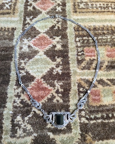 Antiguo collar vintage Art Deco de plata de ley de ónix y marcasita de 18,5" - Imagen 2 de 24