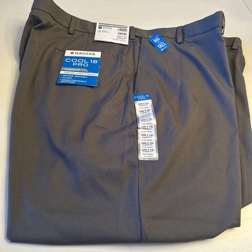 Haggar Men's Big & Tall Cool 18® Solid Pleat Front Pant Classic Fit 54x34 GRAY - Picture 1 of 10