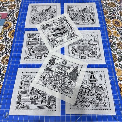 8 Quilt Blocks Quilters Quilting American Country Sketches Black on White Fabric