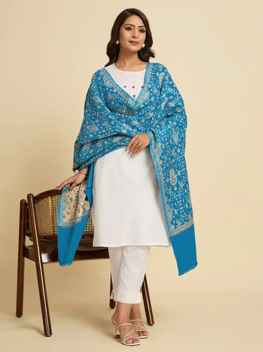 Blue Beautiful Women's Cashmere Indian Stole Wool Scarf Shawl Wrap Kani Paisley - Picture 2 of 3