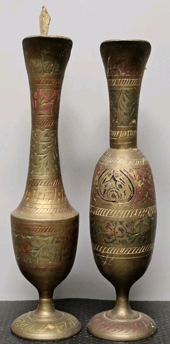Indian Vintage 2 Brass Etched Design Pitchers Ewers Vases Handles 7¾” Tall - Picture 2 of 14