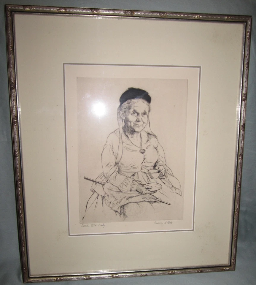 Vtg framed limited edition etching, "Little Old Lady" by Roselle H. Osk, ca 1937