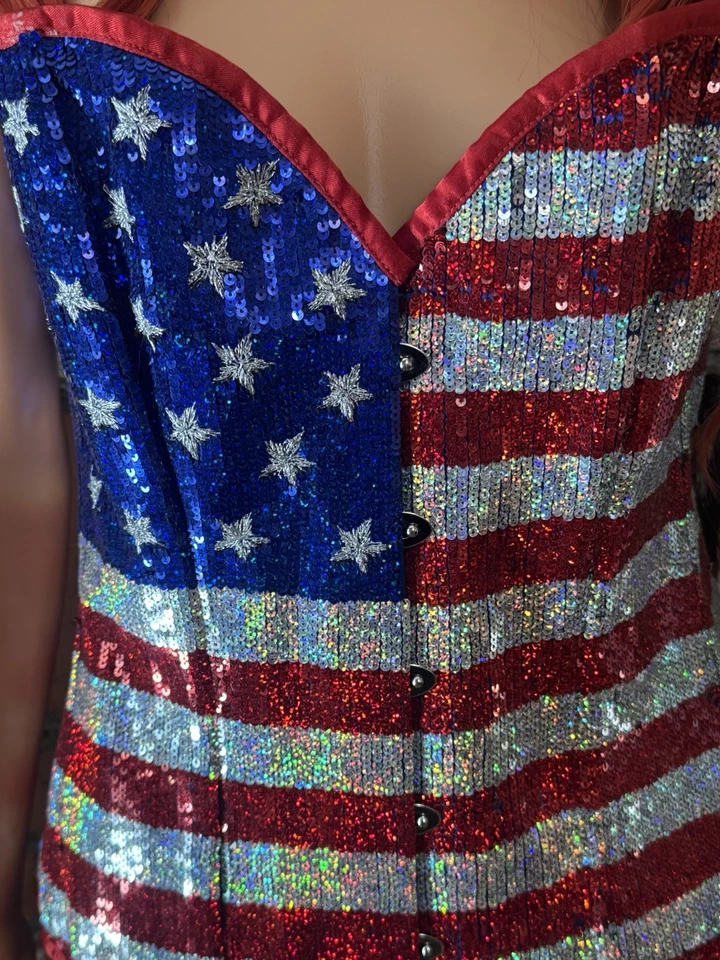 Corsé cubierta cintura bustier 49 1/2 pulgadas lentejuelas satinadas azul bandera EE. UU. 4 de julio Foto 2 de 4