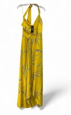 NWT Halston Heritage Womens Halter  Neck Gown Canary Abstract Palm Dress Size 12