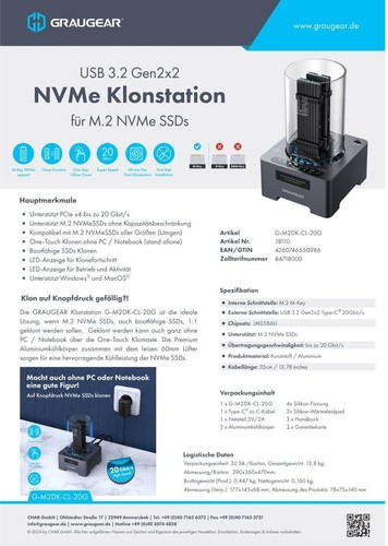 GRAUGEAR NVMe M.2 SSD Duplicator Dual-Bay Offline Clone Tool-Free, 20Gbps USB C - Afbeelding 9 van 10