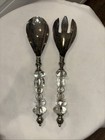 Vintage Clear Glass Beads Spoon Fork Metal Aged Patina No Rust Serving Set Used