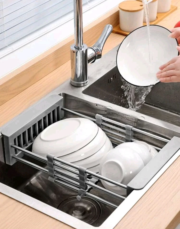 Fregadero Drenaje Retráctil Ajustable Acero Inoxidable Fregadero Platos Estante Soporte Gris  Foto 3 de 4