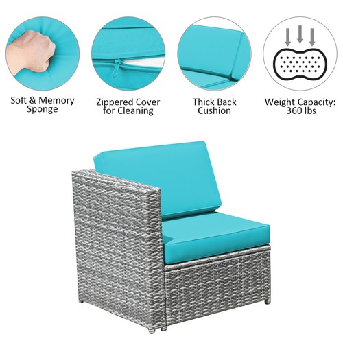 8PCS Wicker Rattan Furniture Set Patio Sofa Set w/Coffee Table Garden Turquoise - Picture 8 of 10