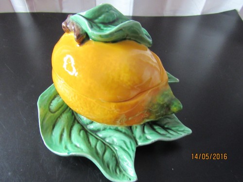 Vtg Bordallo Pinheiro Lemon Porcelain Marmalade Jam Pot & Spoon Portugal - Picture 7 of 12
