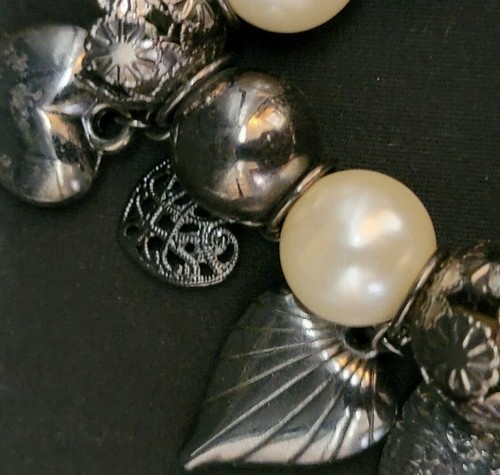 Infinity Bracelet Hearts Globes Angels w/Faux Pearls In Brushed Gray Tones - Picture 5 of 9