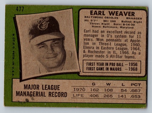 1971 Topps Baseball #477 Earl Weaver Baltimore Orioles - Bild 2 von 2