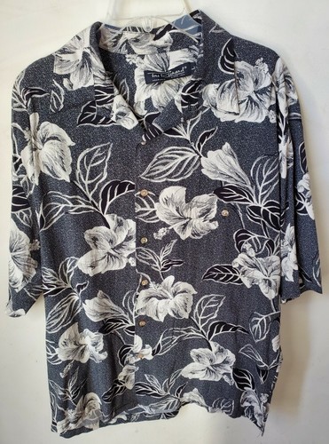 Vtg Tori Richard Men's Hawaiian Aloha Shirt L Black Floral Pocket 100% Viscose - Picture 2 of 9