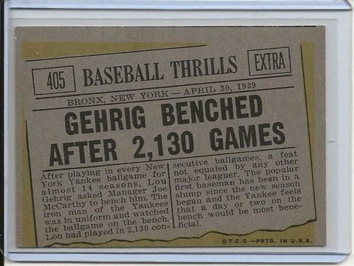 1961 Topps Baseball Card Lou Gehrig Benched After 2,130 Games Yankees NR MT# 405 - Picture 2 of 2
