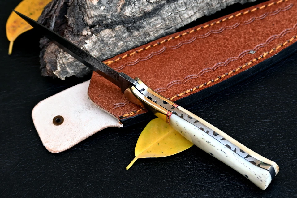 HANDMADE DAMASCUS KNIFE  FORGED STEEL HUNTING DAGGER BOOT KNIFE CAMEL BONE 864 - Image 4 of 4