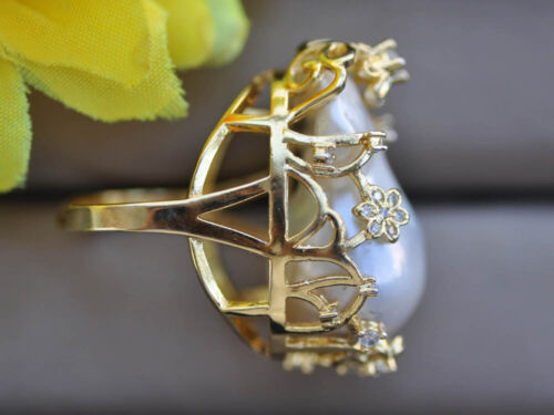 Huge 32mm White Baroque Keshi Pearl gold-plating CZ Ring - Picture 2 of 3