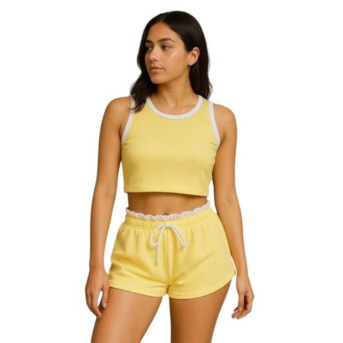 Ladies Contrast Shorts Set Women' Ribbed White Piping Sleeveless Top Tracksuit - Picture 2 of 7