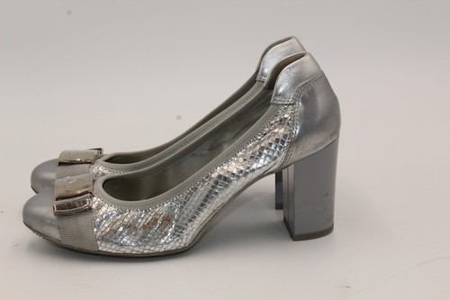 Authentic Hogan Silver Reptile Print Block Heel Pumps Size 37.5 / US 7.5 - Picture 1 of 21