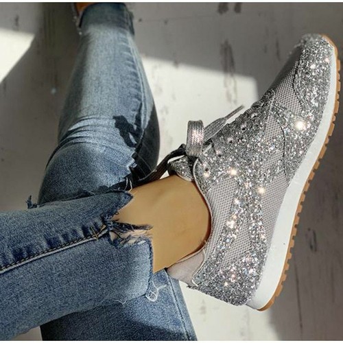 Women Flat Glitter Sneakers Casual Mesh Lace-Up Bling Platform Vulcanized Shoes - Picture 10 of 58