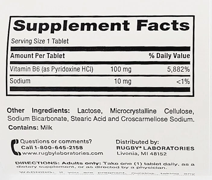 Rugby Vitamina B6 - 100 mg - 100 Comprimidos - Paquete de 3 - Fecha de caducidad 02-2027 Foto 2 de 3