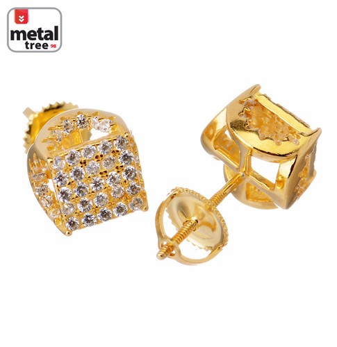 Men's Hip Hop 925 Silver Flat Square Block Side Stone Screw Back Stud Earrings - Picture 1 of 11