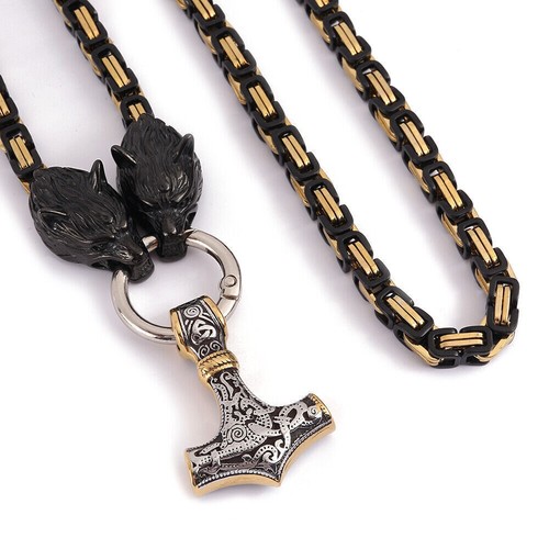 Men’s Stainless Steel Wolf Chain&Viking Thor Hammer Mjolnir Pendant Necklace - Picture 32 of 37