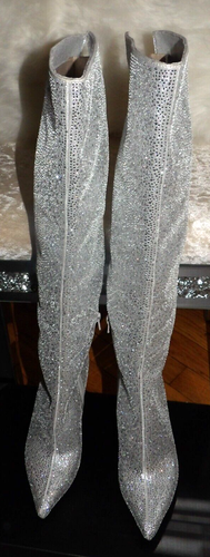 INC. SAVERIA SPARKLY BLING SILVER RHINESTONE OVER THE KNEE HEEL BOOTS (SZ: 5.5M) - Picture 2 of 6