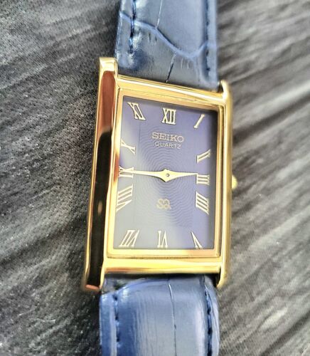 Herren Slim Gold Tank Rechteckig Blaues Zifferblatt Blau Leder Neu Mvt & Batt*** - Bild 6 von 9