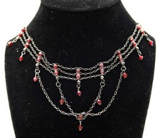 Vtg Gunmetal Tone Red Bead Gothic Victorian Style Fashion Bib Choker Necklace