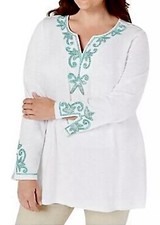 CHARTER CLUB BOHO TROPICAL BEADED BLING TOP 2X {FITS 1X} WHITE COTTON LONG SLV