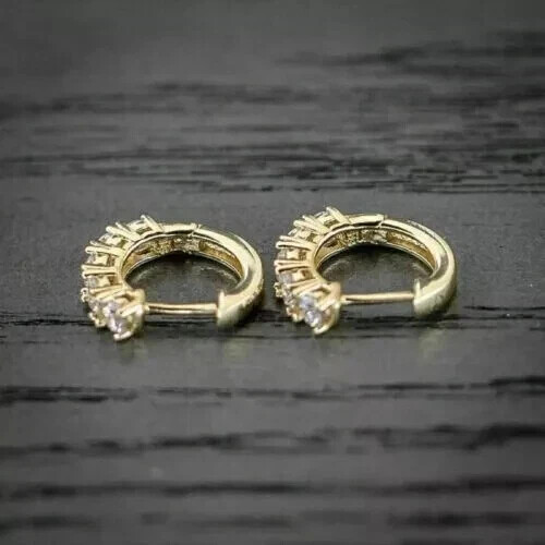 2 Ct Round Cut Real Moissanite Huggie Hoop Earrings 14K Yellow Gold Plated - Picture 3 of 4