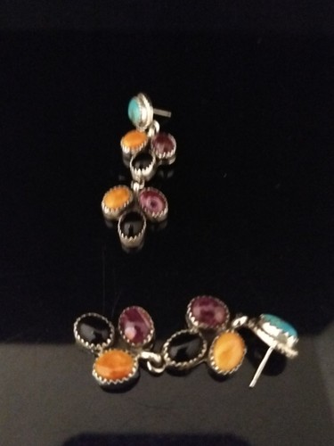 Navajo Signed Multi-Gemstone Sterling Silver Long Dangle Earrings  Sally Yazzie - Picture 3 of 9