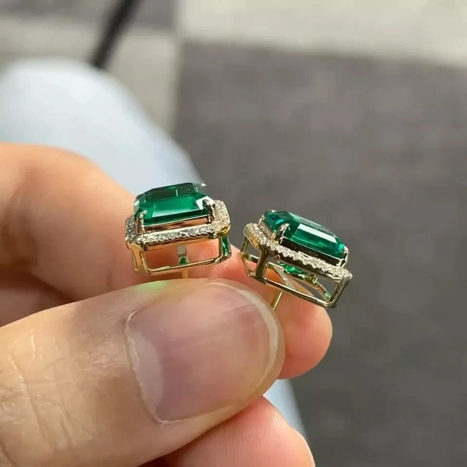 5.99 Ct Asscher Natural Emerald & Natural Diamond Earring Stud 14K Yellow Gold - Image 3 of 4