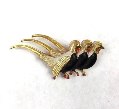 Download Vintage Enamel Layered Bird Pin Three Quail Birds Gold Tone Marked Made In Spain Ebay