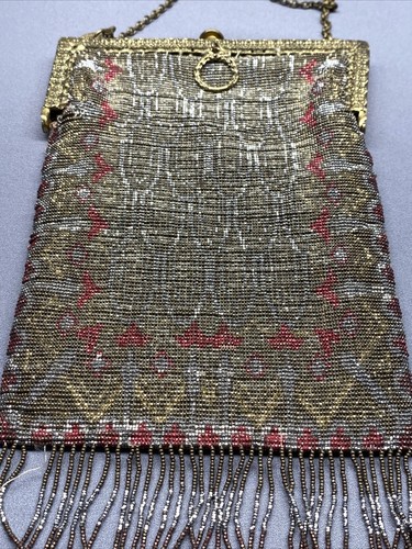 Antique 1920s Art Deco Micro Bead Flapper Purse Red Gold Silver - Picture 2 of 10