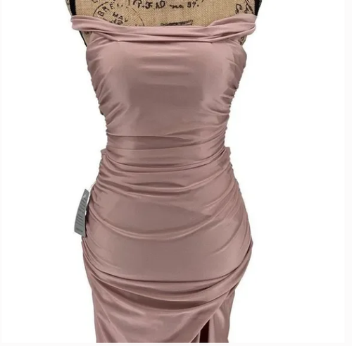 La Femme Off The Shoulder Satin Trumpet Full Length Gown Mauve Pink Size 8 Prom - Picture 3 of 5